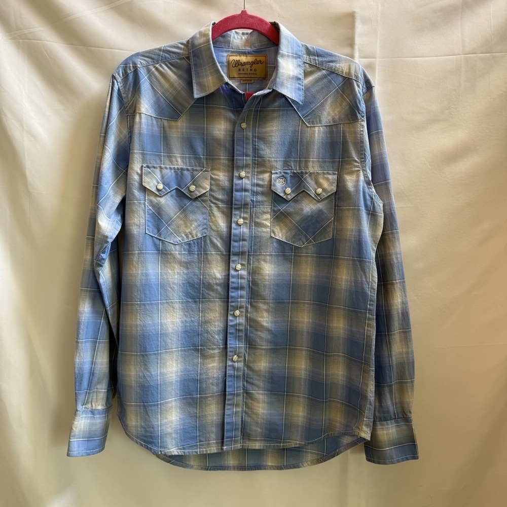 Wrangler Retro Pearl Snap Shirt Mens M Blue Plaid Sawtooth Pocket Western Cowboy